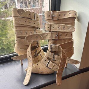 Tan Suede Multi Buckle Strap Women's Heeled Boots